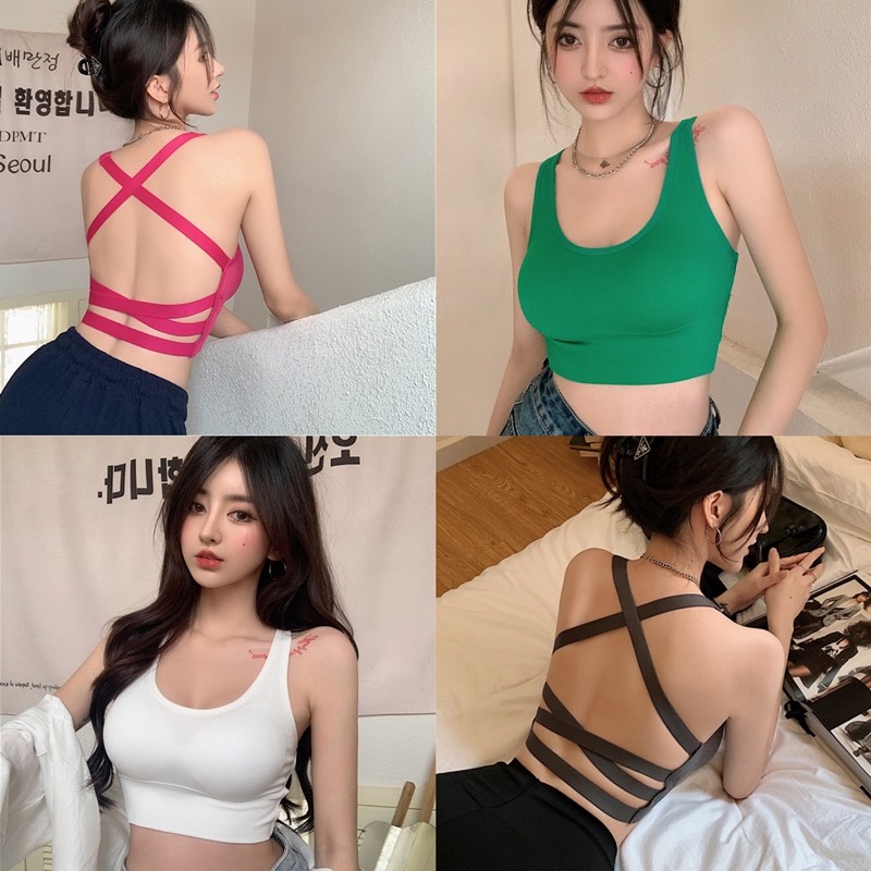 48434 เสื้อใน เสื้อกล้ามโชว์หลัง สายไขว้ สปอร์ตบรา มีฟองน้ำ ดันนม เนื้อผ้ายืดได้