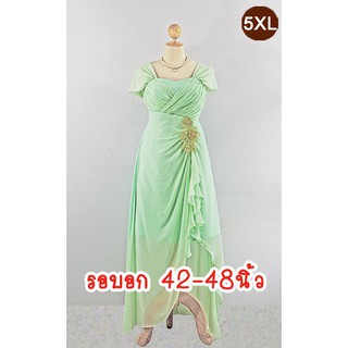 E1714-3-5XL-ชุดราตรียาวคนอ้วน สีเขียวมินท์ ผ้าชีฟอง ประดับลูกไม้ทองช่วงใต้อก มีแขนปล่อยคลุมลงมา