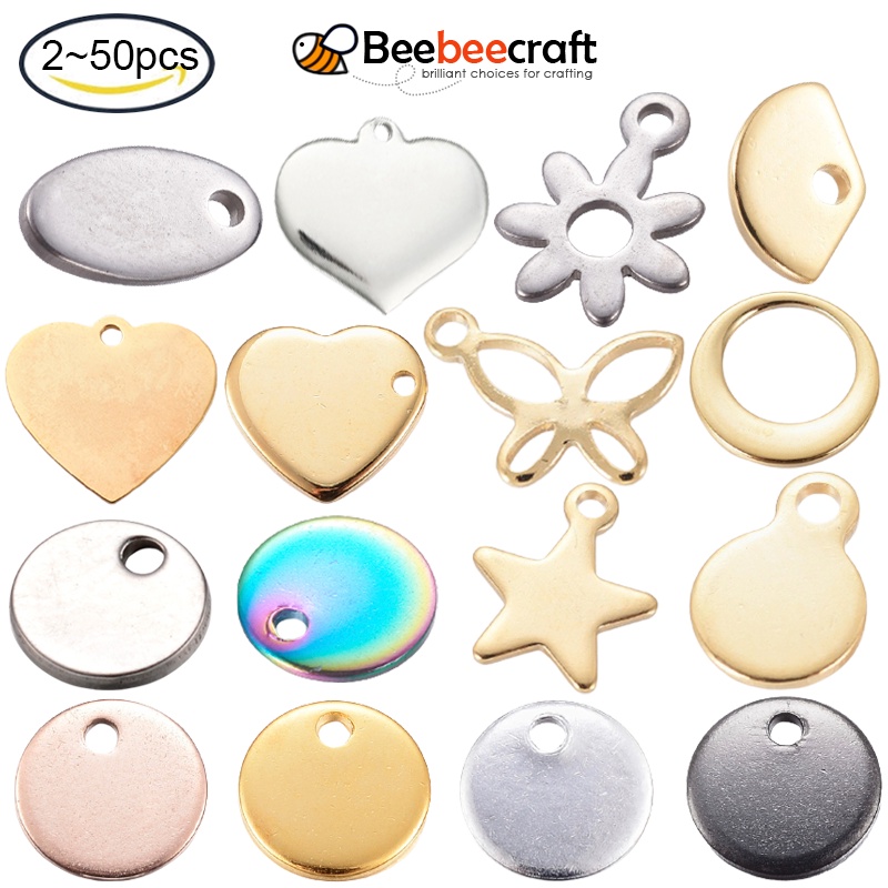 Beebeecraft ป้ายแท็กเปล่า สเตนเลส 304 ทรงกลม แบน หลายรูปทรง สีทอง สเตนเลส 2~50 ชิ้น