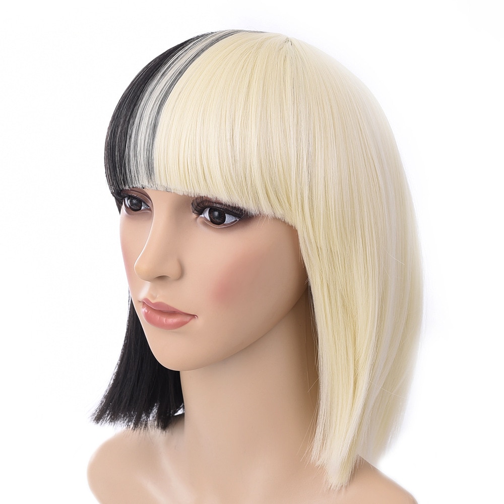 Sia Wig Half Black Half Blonde Short Straight Flat Bangs Heat Resistant Synthetic Hair Coslay Wigs Wig Ca Big Bowkno Shopee Thailand