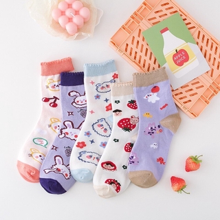 Cartoon Bears Rabbits Pattern Crew Socks Women Cotton Cute Ladies Fruits Mid-calf Socks