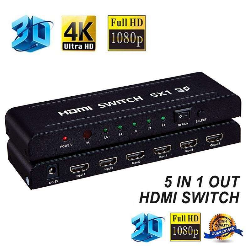 5x1 HDMI Switch Switcher Splitter HD 4K*2K 1080P 5-in 1-out Video Hub  Remote Control