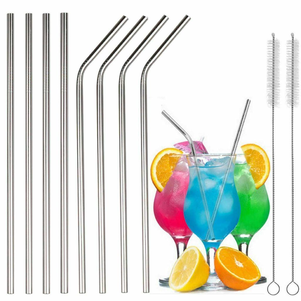 8 Straws + 2 Brushes Stainless Steel Metal Reusable Drinking Straws with Cleaner Brush