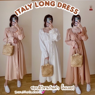 🦋พร้อมส่ง🦋 Italy long dress เดรสตัวยาวทรงคอเหลี่ยมติดกระดุมเรียงยาวด้านหน้า มีเชือกผูกเอวปรับขนาดได้ 🌈💕