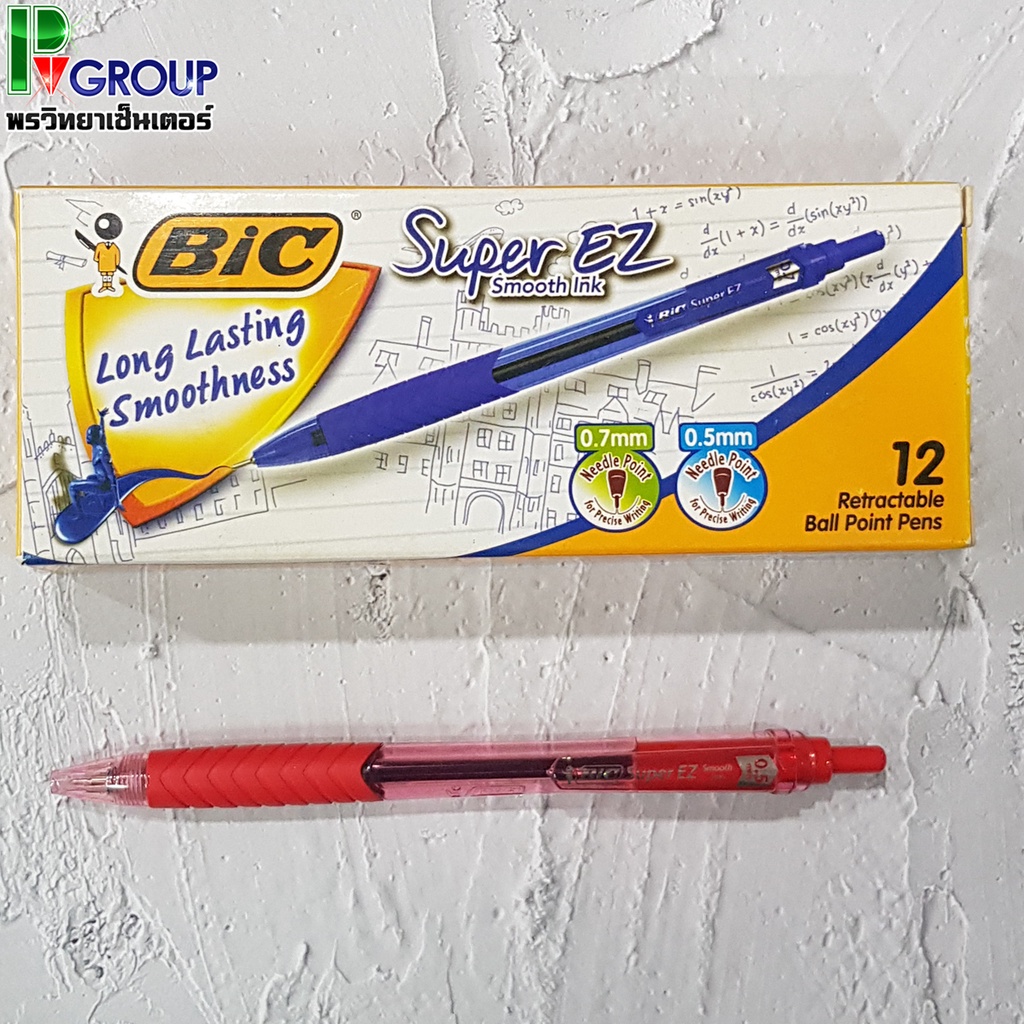 ราคาพิเศษ ปากกาลูกลื่น BiC Super EZ แบบกด  0.5 มม. สีแดง (12ด้าม)