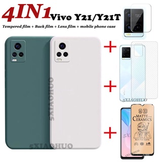 4in1 Vivo Y21T Y21 Y33S เคสโทรศัพท์ซิลิโคน เนื้อแมตต์ สี + ฟิล์มเซรามิค นิ่ม + ฟิล์มเลนส์ + ฟิล์มด้านหลัง สําหรับ Vivo Y73 Y76 5G เคสซิลิโคนนิ่ม