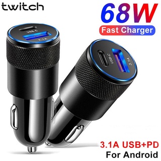 Twitch อะแดปเตอร์ชาร์จโทรศัพท์มือถือ 68W USB Type C พอร์ตคู่ PD QC ชาร์จเร็ว สําหรับรถยนต์