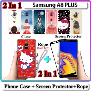 2 IN 1 เคส Samsung A8 PLUS เคส พร้อมกระจกนิรภัยโค้ง ป้องกันหน้าจอ เซรามิค สําหรับเด็กผู้หญิง และคิตตี้