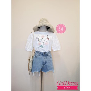 เสื้อยืดคอกลมแขนพองแต่งลูกไม้ปักลายแน่นๆ