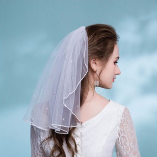 Tulle Wedding Veils Ribbon Edge Rhinestones Fake Pearls Short Hair Veil Comb