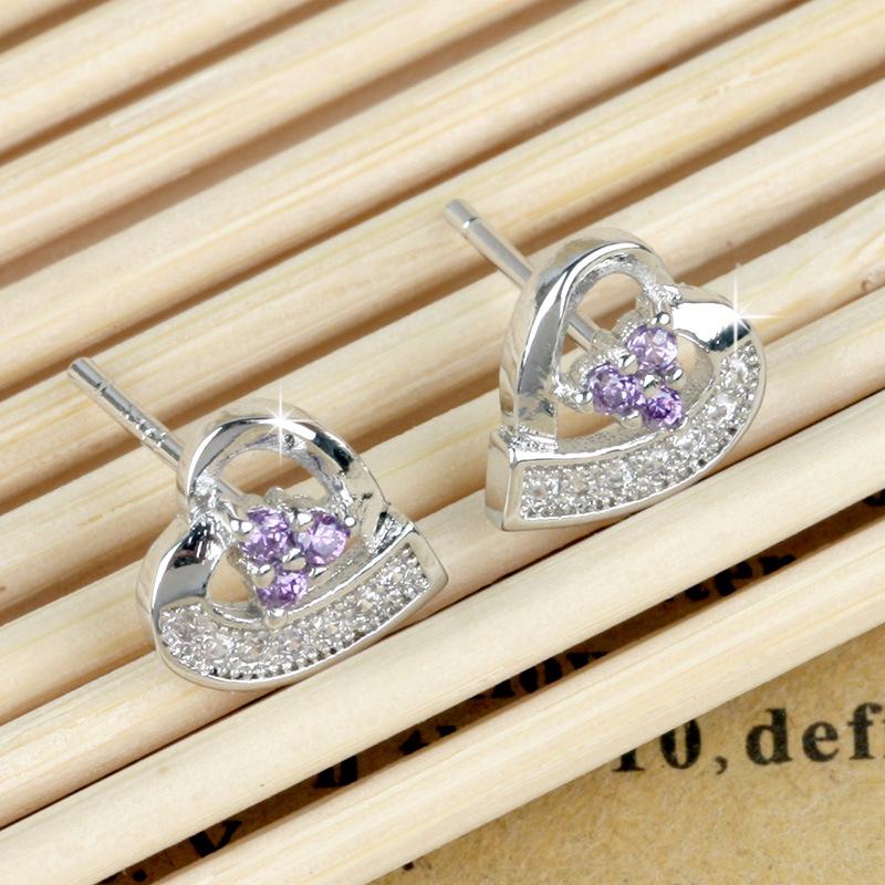 ตุ้มหูเงิน 925 รูปหัวใจสีม่วงรูปหัวใจ WE54R Earrings Lady Fashion