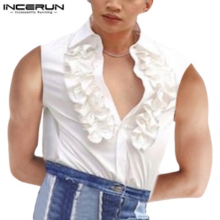 Incerun เสื้อเชิ้ต คอปก แขนกุด แต่งกระดุม สีขาว แฟชั่นสําหรับผู้ชาย