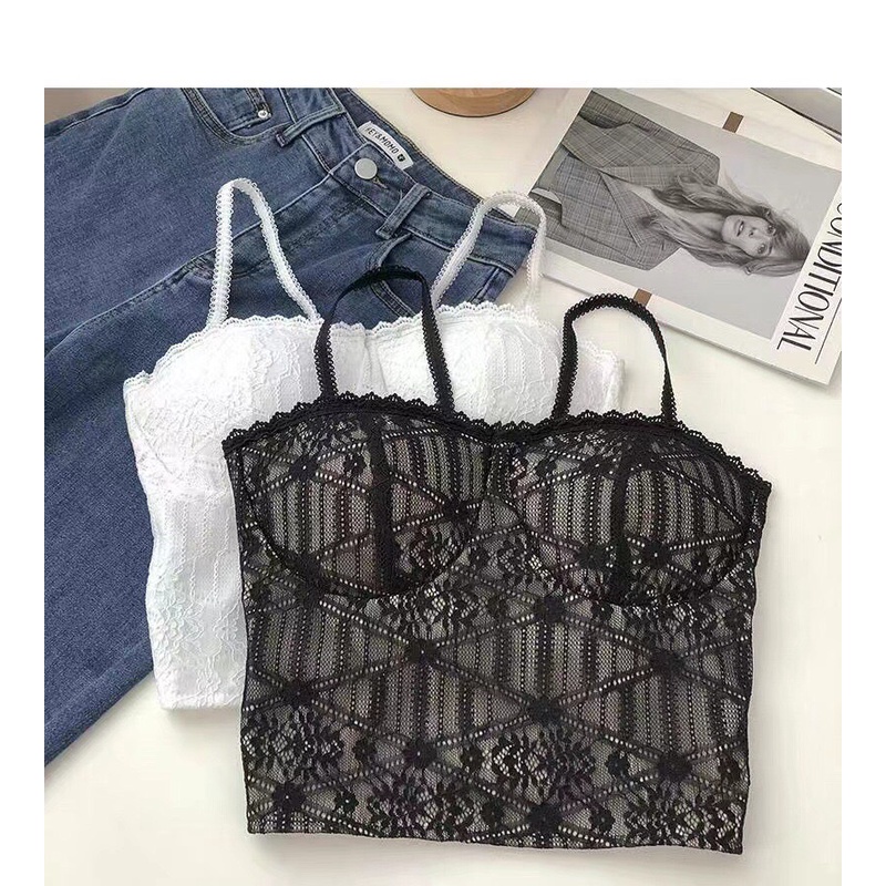 B-034 เสื้อสายเดี่ยวพร้อมบราลูกไม้เซ็กซี่มีฟองน้ำในตัวหลังยืดใส่สบาย