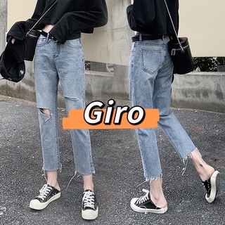 Giro   กางเกงยีนส์ทรงกระบอกเล็ก ขาไม่กว้าง ไม่สั้น ขาดเข่าเล็กน้อยสวยๆงานสวยกางเกงยีนส์เกาหลี 802