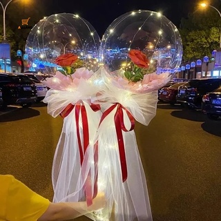 Creative LED Luminous Rose Flower Balloon Bouquet/ Transparent Bobo Ball With String Lights/ Exquisite Valentines Day Gift