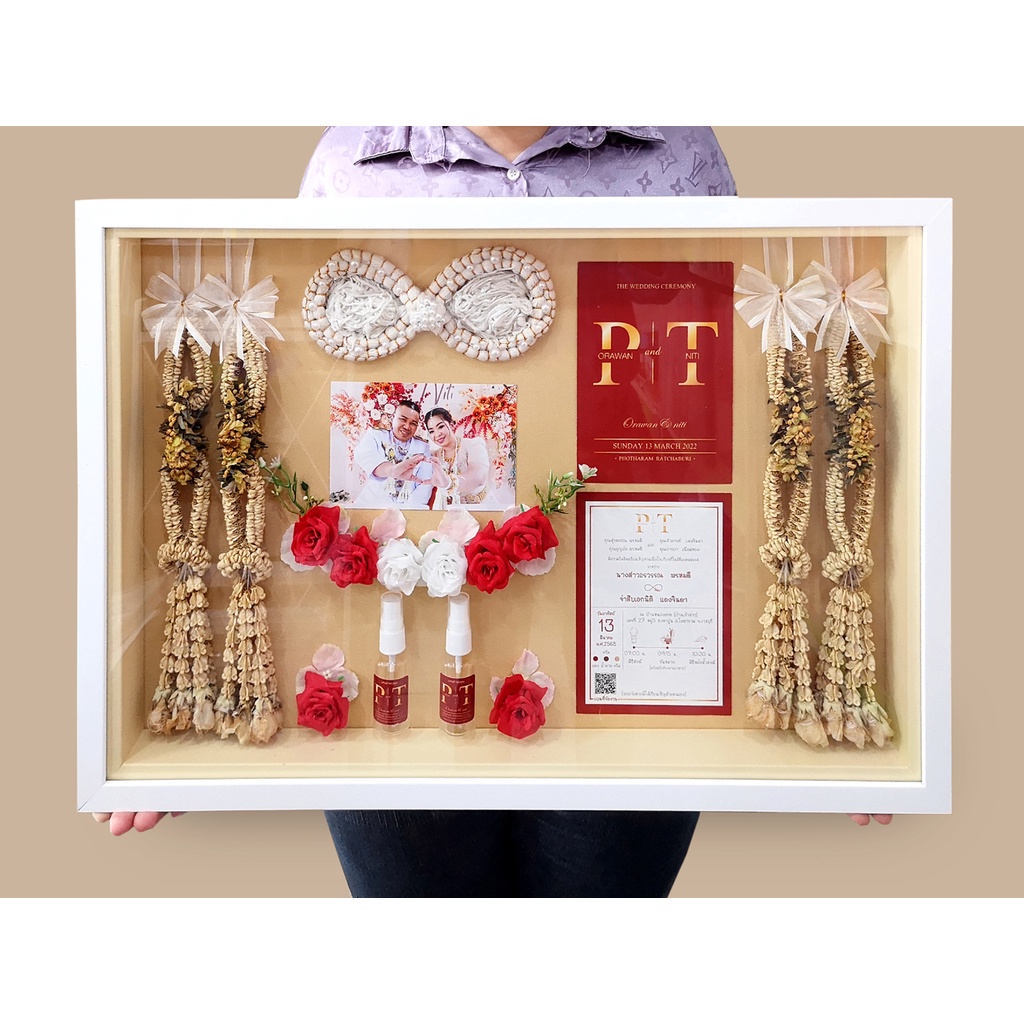 แตก​ หัก​ เคลมฟรี‼️กรอบเก็บพวงมาลัย​งานแต่ง​ ไม้แท้​ 2ชั้น ขนาด 16x24นิ้ว