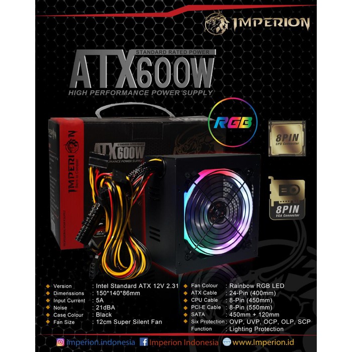 Psu Imperion 600 Power Supply วัตต์ RGB พร้อม Power VGA 8 Pin 600w 600 วัตต์ 600 วัตต์