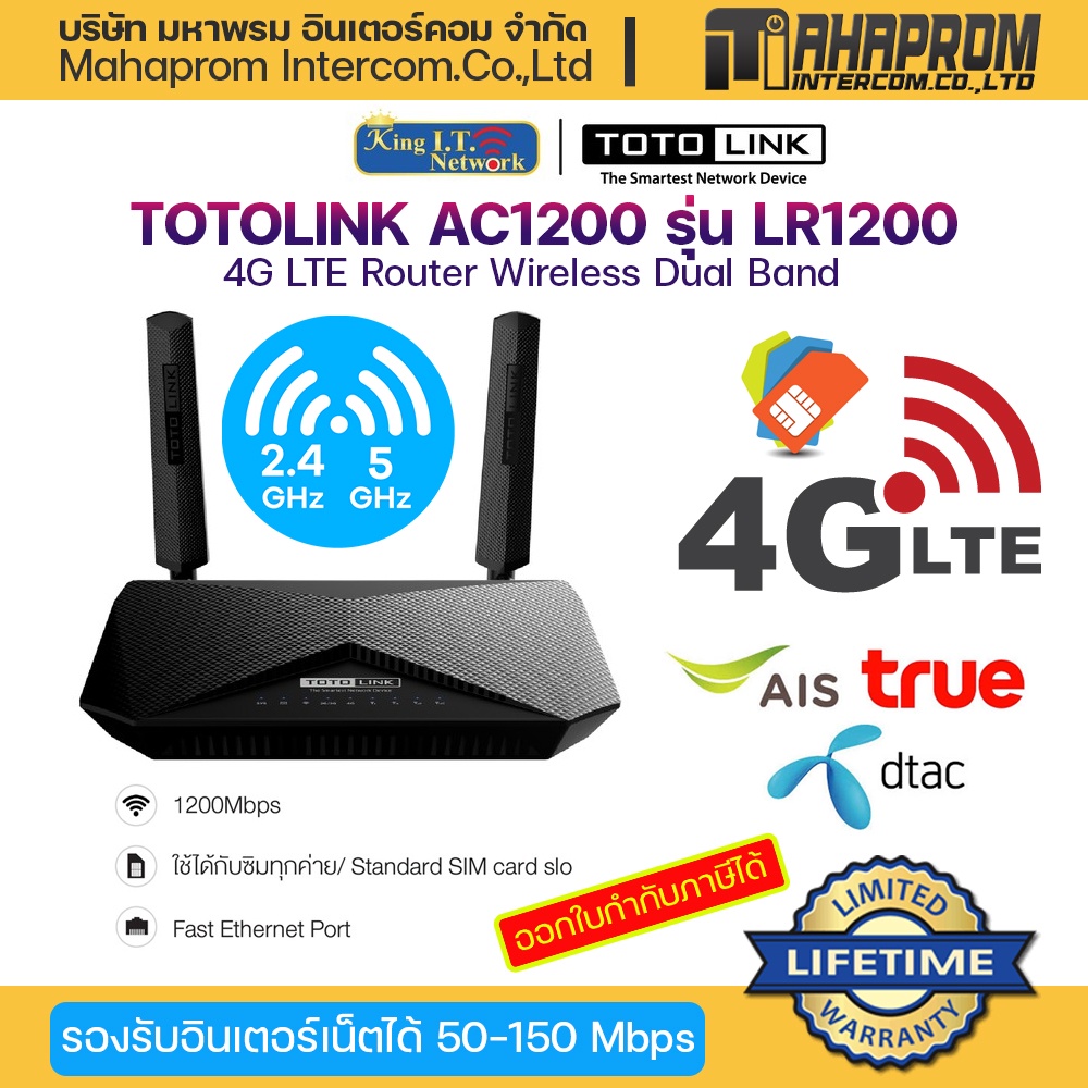 TOTOLINK รุ่น LR1200 AC1200 (เร้าเตอร์) Wireless Dual Band 4G LTE Router.