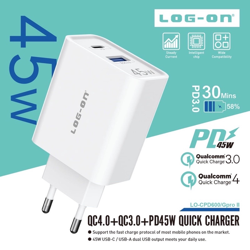 LOG ON CHARGER PD45W+QC4.0+QC3.0 LO-CPD600 DUAL PORT QUICK CHARGER-การรับประกันอย่างเป็นทางการ
