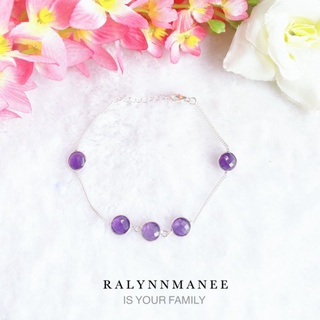 BC003 สร้อยข้อมือพลอยอเมทิสต์แท้ ( Amethyst ) ตัวเรือนเงินแท้ 925 ชุบทองคำขาว ความยาวฟรีไซส์  18 - 20.5 ซ.ม.