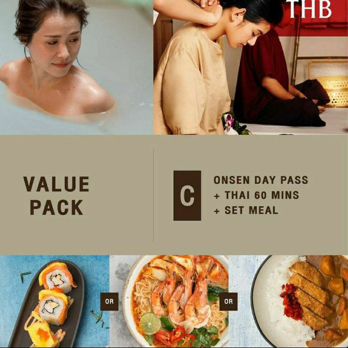 Yunomori บัตรเข้าออนเซ็นทั้งวัน นวดไทย 60 นาที ตบท้ายด้วยเซทอาหาร Voucher Onsen Day Pass + 60min Thai Massage +Set Meal