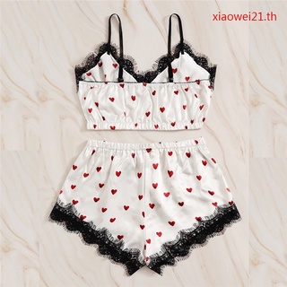 Women V-Neck Heart Print Lace Satin Camisole Pajamas Bowknot Shorts Lingerie Set