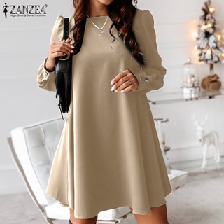 Zanzea ชุดเดรสสั้นสําหรับสตรีแขนพัฟคอกลมสีพื้นทรงหลวมสไตล์วินเทจ