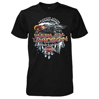 T-shirt  ใหม่ เสื้อยืดลําลอง ผ้าฝ้าย 100% แขนสั้น พิมพ์ลาย Harley Davidson Symbolic Eagle Crew Cutton สีดํา สําหรับผู้ชา