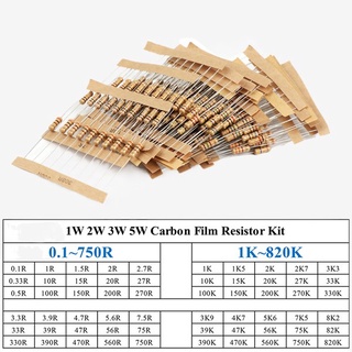 1W 2W 3W 5W ตัวต้านทานฟิล์มคาร์บอน Rang Assortment Kit ชุดตัวต้านทานชุด ohm สีแหวนความต้านทาน 0.1 ~ 750R 1K ~ 820K