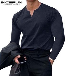 Incerun เสื้อยืดลําลอง คอวี แขนยาว แฟชั่นฤดูใบไม้ผลิ สําหรับผู้ชาย 4 สี