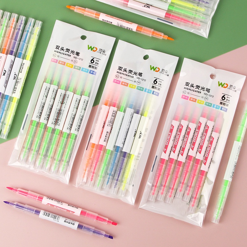 6 ชิ้น / เซต ปากกาไฮไลท์ สองด้าน ปากกาไฮไลท์ สีลูกกวาด