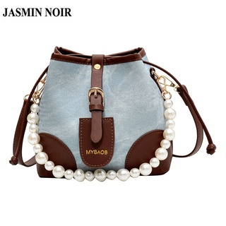 Jasmin NOIR กระเป๋าสะพายไหล่ ผ้ายีน ทรงบักเก็ต ประดับมุก สําหรับผู้หญิง