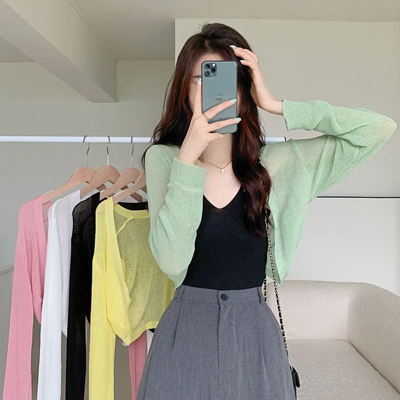 ราคาถูกที่สุด เสื้อคลุมไหมพรมบาง ทรงครอป 6 สีพื้น ไม่มีกระดุม