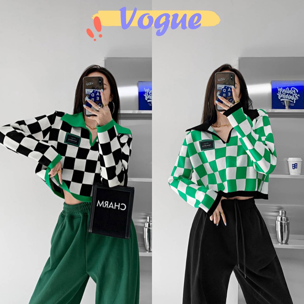Vogue​ ​พร้อมส่ง​ เสื้อครอปไหมพรม คอปกแขยาวลายตารางใหญ่เท่มาก (63041) -C -N