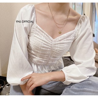 เสื้อฉลุครอปปาดไหล่น่ารักๆมาใหม่ | Ruffled Off-Shoulder Crop Top Blouse