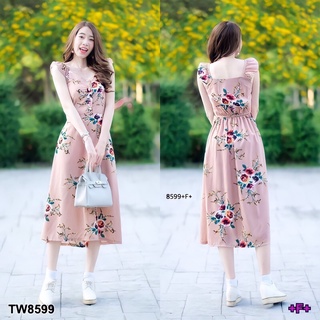 TW8599 Dress เดรสสายระบาย ติดกระดุมอก เนื้อผ้าหางกระรอกพิมลายดอกไม้ เอวยืดสม็อคหลัง  พร้อมส่ง