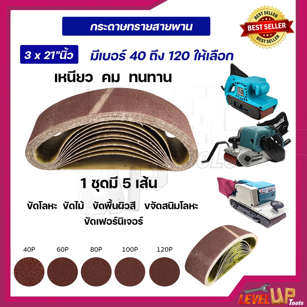 กระดาษทรายสายพาน กระดาษทรายรถถัง ขนาด 3*21"นิ้ว เบอร์ 40-เบอร์ 120 (1ชุด5เส้น)