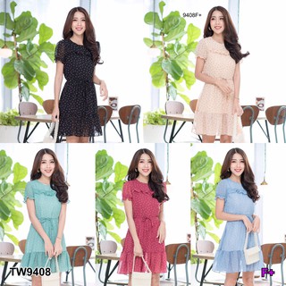 J9408 Dress มินิเดรสแขนจั๊มแต่งระบายอก