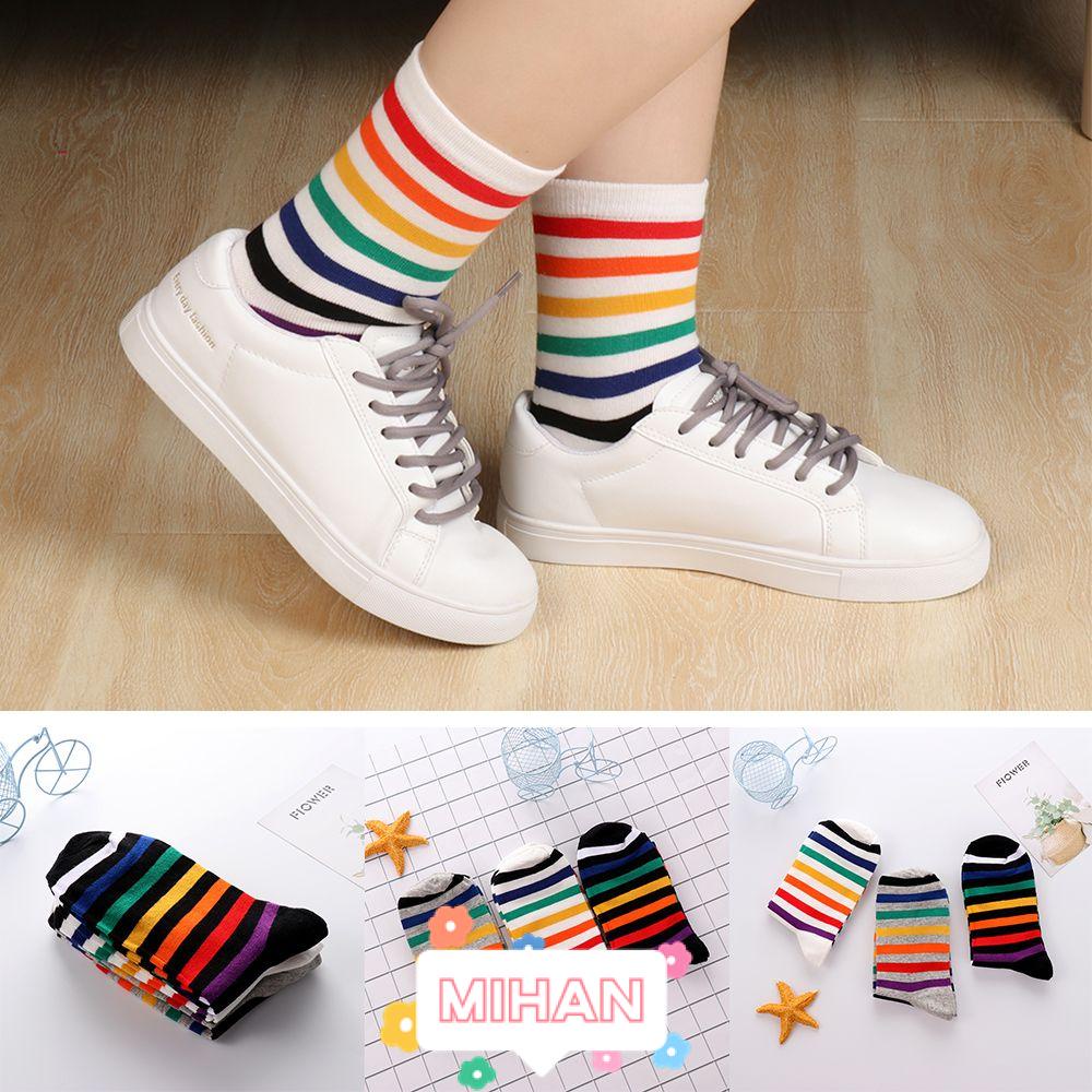 MIHAN Tide Rainbow Socks Casual Mid tube sock Stripes Women Fashion Sweat absorb Breathable Cotton/Multicolor