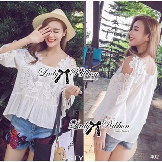 󾔏 Lady Ribbons Made 󾔏 Lady Emma New Bohemian Peplum Lace and Cotton Blouse เสื้อผ้าคอตตอนตัดต่อผ้