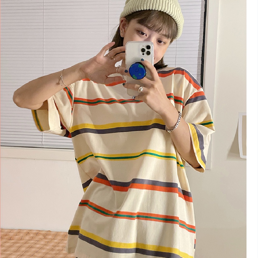 เสื้อลายทางผู้หญิงแฟชั่น oversize เสื้อยืดแขนสั้นทรงหลวมสไตล์เกาหลี สไตล์สตรีทวินเทจ วัยรุ่นน่ารัก xxl