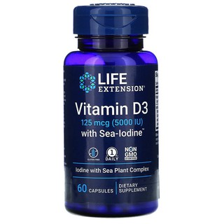 วิตามินดี 3 และไอโอดีนจากทะเล Vitamin D3 with Sea-Iodine 5,000 IU 60 Capsules - Life Extension