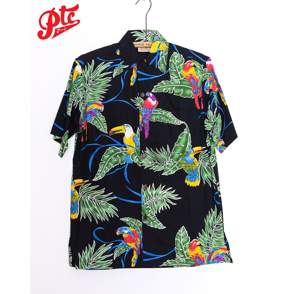เสื้อฮาวาย GO BAREFOOT "TROPICAL BIRDS" BLACK MADE IN USA