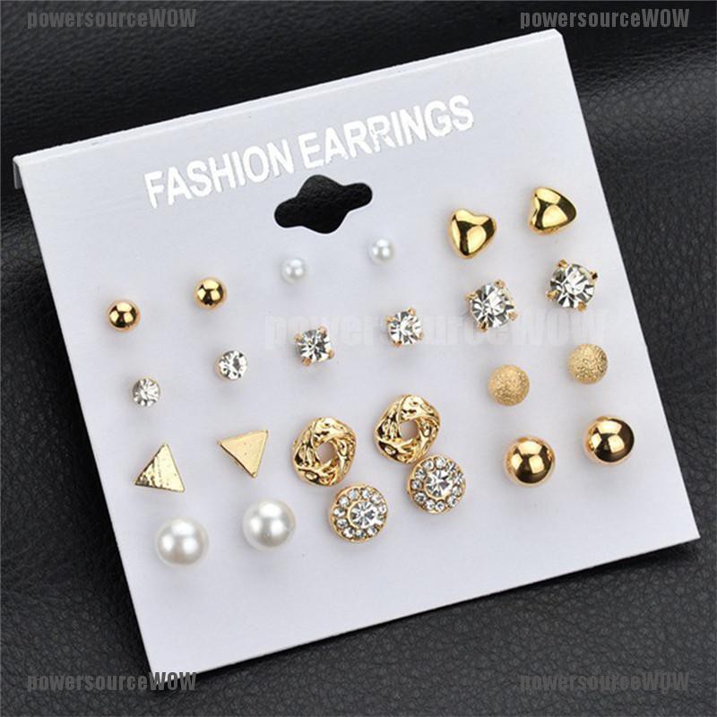 12PCS/Set Crystal Rhinestone Ear Stud Earrings Women Charm Earrings