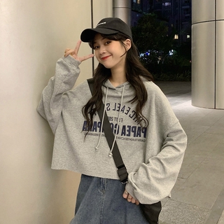 เสื้อฮู้ดแฟชั่นสไตล์เกาหลีเสื้อตัวสั้นตัวหลวม 2 สี M ~ 2XL