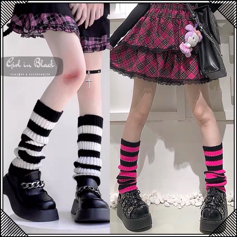 New arrival พร้อมส่งจากไทย ปลอกขา/ปลอกแขนไหมพรม JK/y2k ลายทาง ขาวดำ/ชมพูดำ