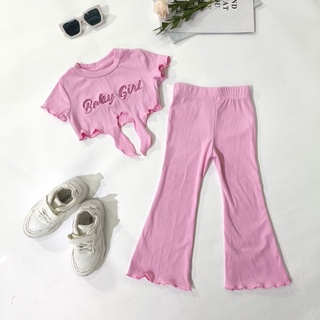 DB392 Baby girl Set เซ็ตเสื้อครอปผูกเอวชมพู+กางเกงขาม้า