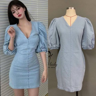 พร้อมส่งง✅M-4XL✅ป้าย Love Lady🌸เดรสยีนส์สั้นแต่งคอวี