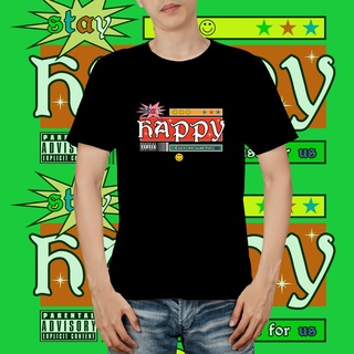 แขนสั้นcrew neckเสื้อยืด พิมพ์ลาย Stay Happy สีดํา กรมท่า สีขาว S-XXXXL