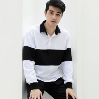 เสื้อยืดแขนยาวคอปกตัดต่อสไตล์รักบี้ : BLACK &amp; WHITE RUGBY SHIRT